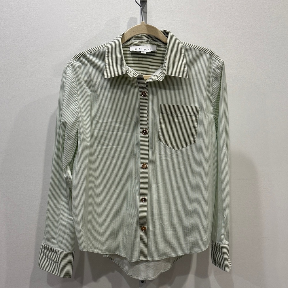 Buru Green Striped Button-Down Shirt Women Size XL Long Sleeve Casual Boyfriend